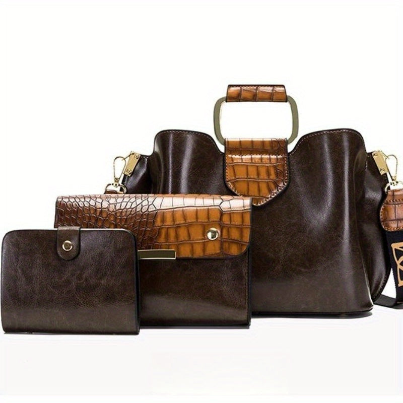 3-Pc Crocodile Pattern Bag Set Vintage Shoulder & Clutch Purse Credit Case