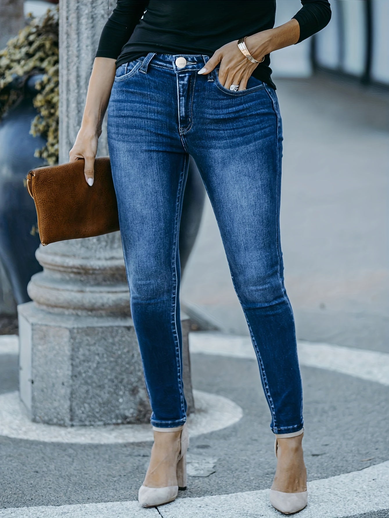  Solid Button Up Stretch Skinny Jeans