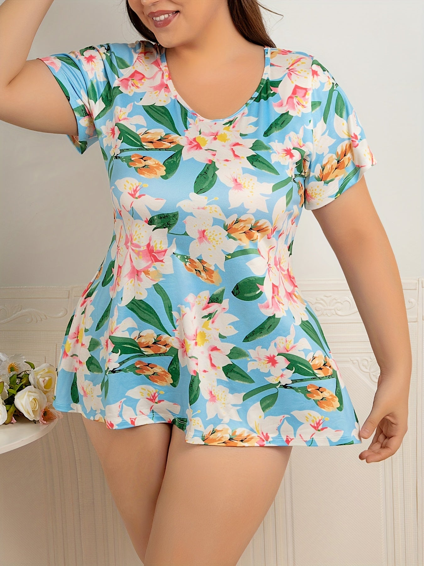  Satin Floral Print Short Sleeve Sleep Dress
