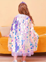 Girls Princess Cape Sequin Glitter Party Prop Kids Halloween Cloak Crown Cosplay