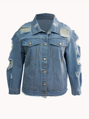 Women's Plus Ripped Denim Jacket - Long Sleeves Lapel Collar