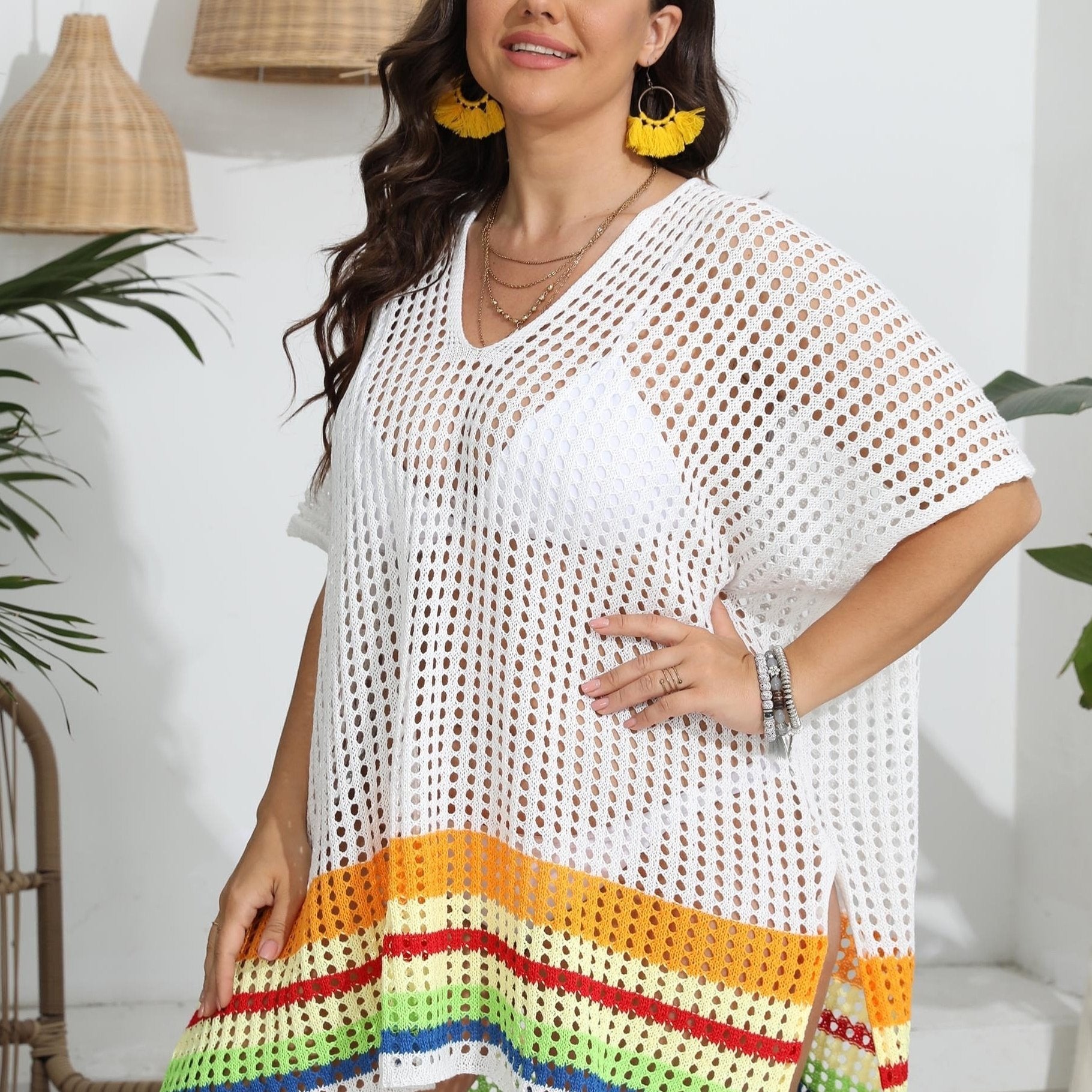  Rainbow Striped Batwing Sleeve V Neck Cover Up
