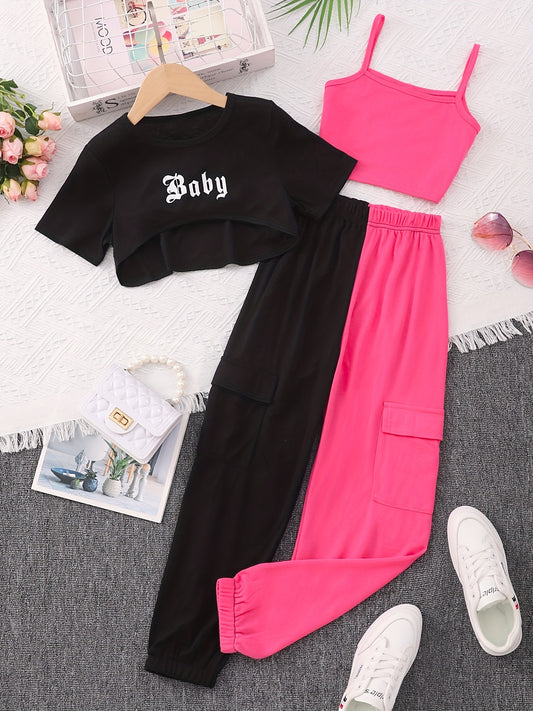 3pcs Kid Girls Clothes 'Baby' Letter Cover Up Tee Cami Crop Top Pants Set