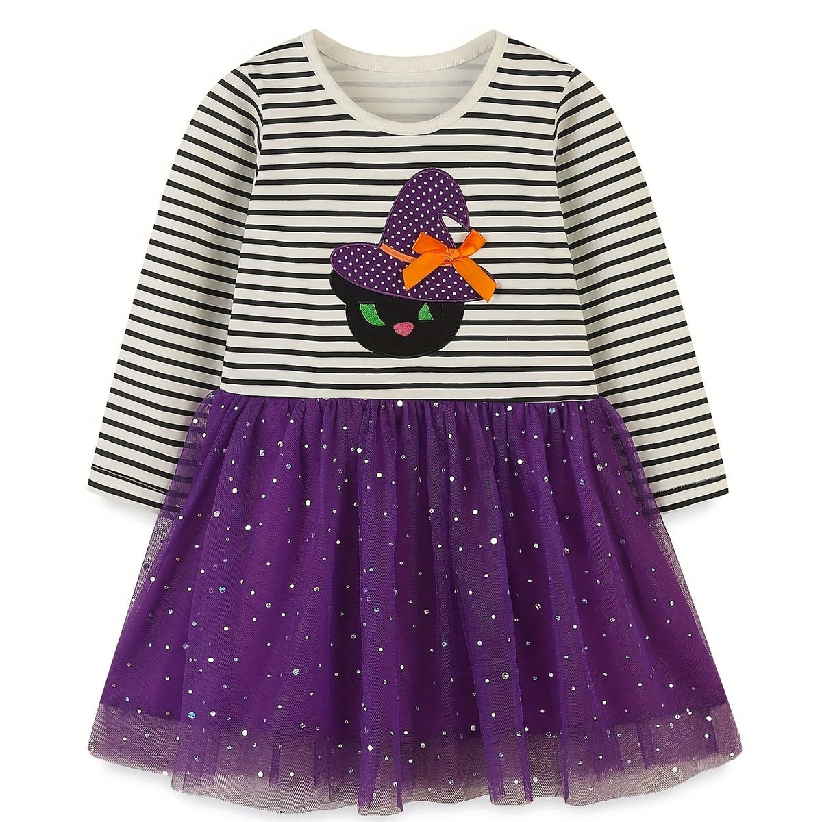 Halloween Witch Embroidered Striped Dress for Toddler Girls