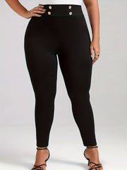  Solid Button High Rise Skinny Trousers