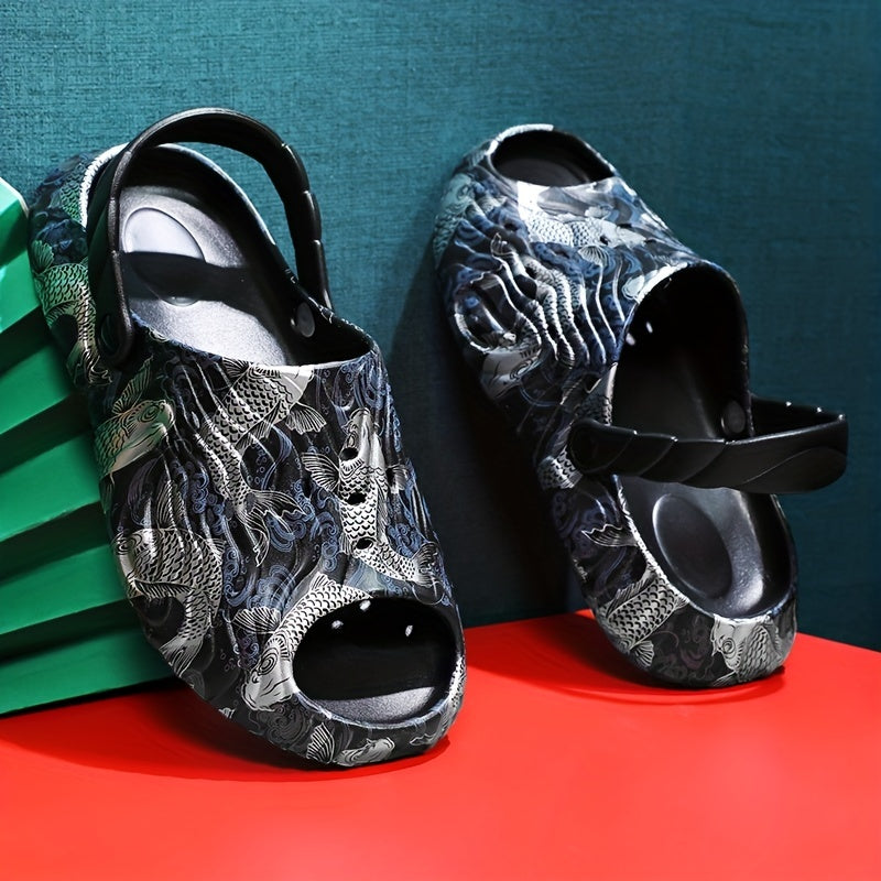Men's Koi Print Non Slip Platform Slides Comfortable Slides For Indoor Outdoor