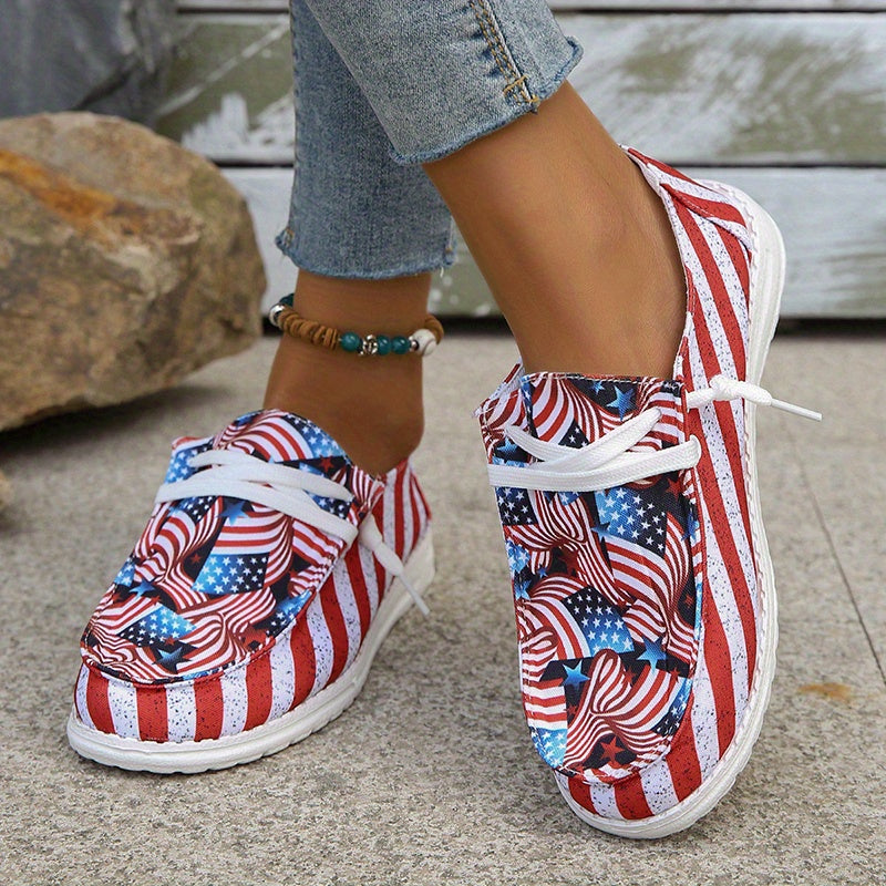 Women's Flag Pattern Canvas Loafers Lace Up Slip On Low Top Flat Shoes