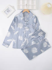 Satin Floral Print Pajama Set Long Sleeve Tops & Pants