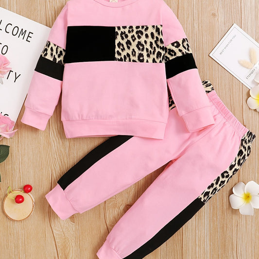 2pcs Baby Girls Leopard Print Sweatshirt & Pant Set
