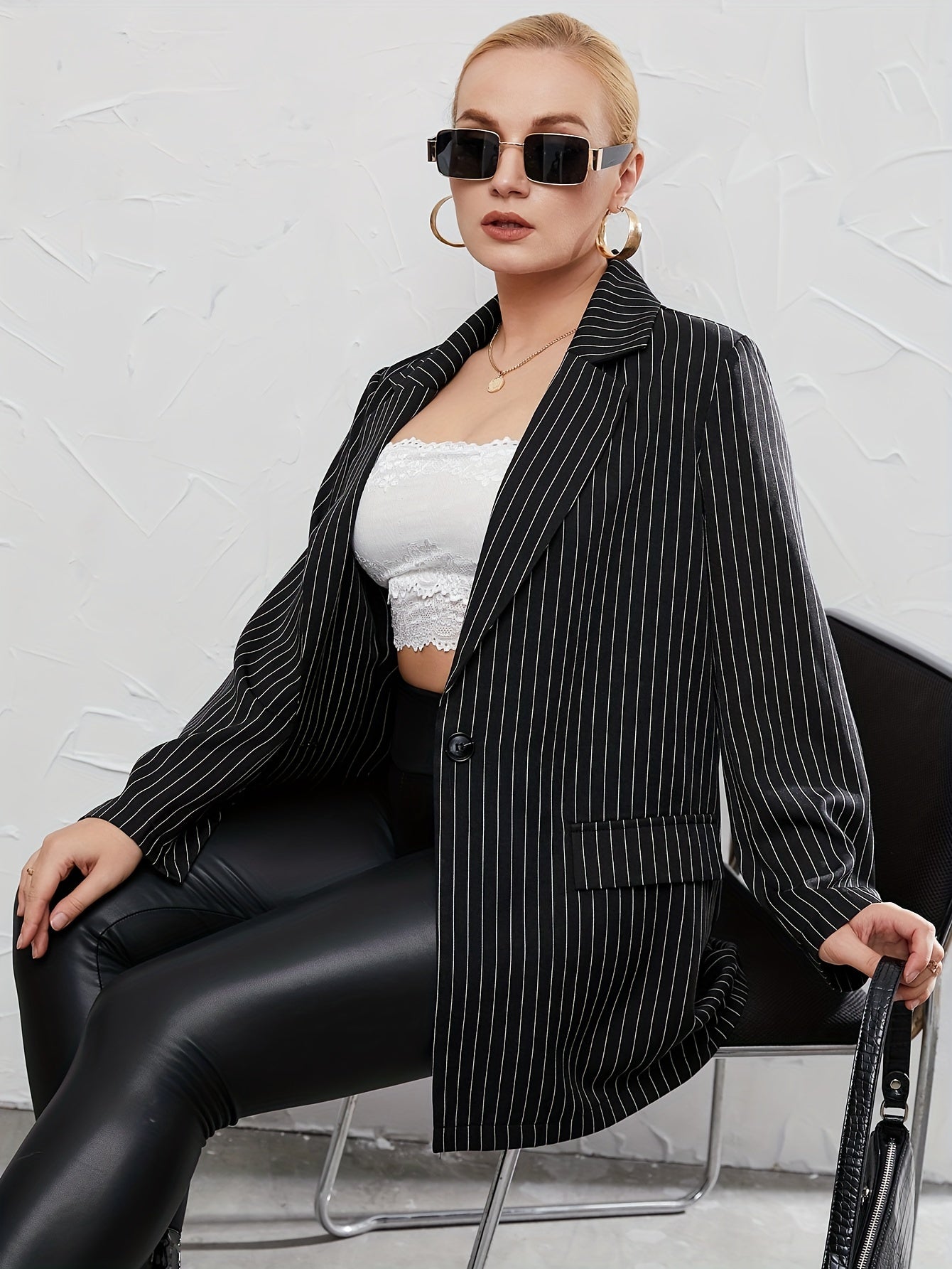  Stripe Print Long Sleeve Blazer