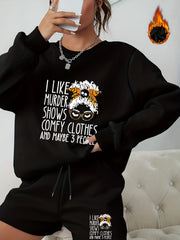  2pcs Set Women's Plus Letter & Graphic Print Sweatshirt & Shorts