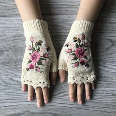 Knitted Embroider Gloves Warm Fingerless Gloves