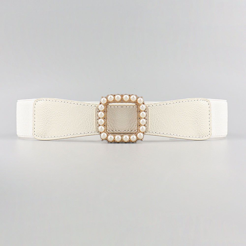High Elasticity Ladies Square Buckle Pearl Belt With Dress