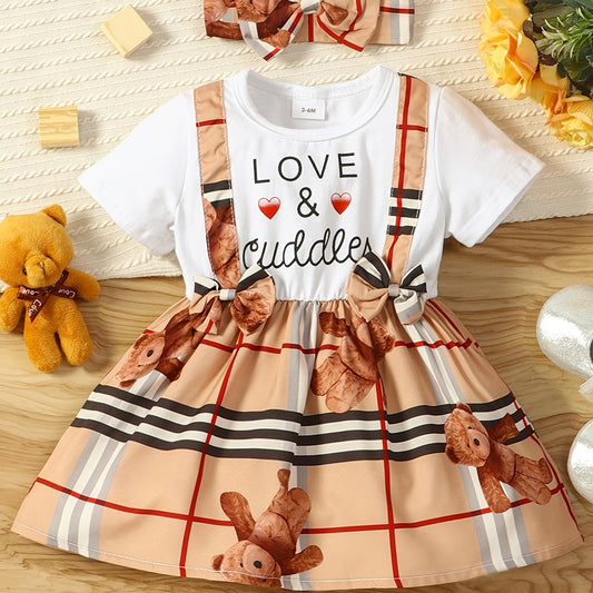 2pcs Girls Casual Bear Bowknot Summer Dress & Headband Set