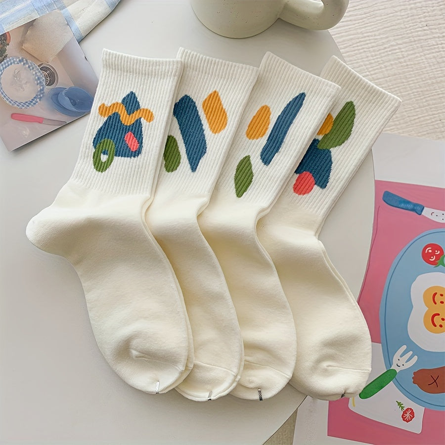 8 Pairs Graffiti Pattern Mid Tube Socks Soft Women's Stockings