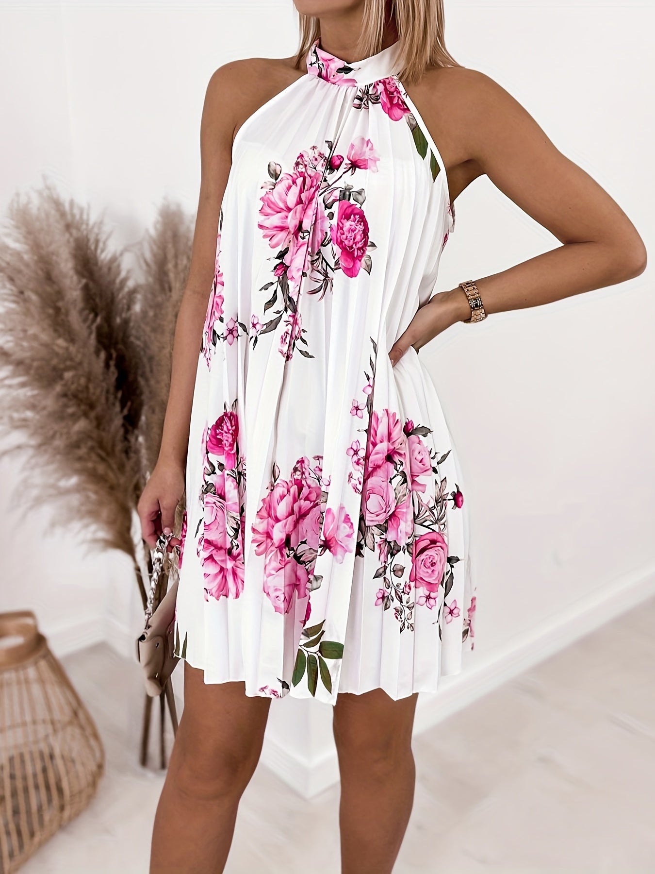 Floral Print Halter Neck Dress Sleeveless Women's Clothing