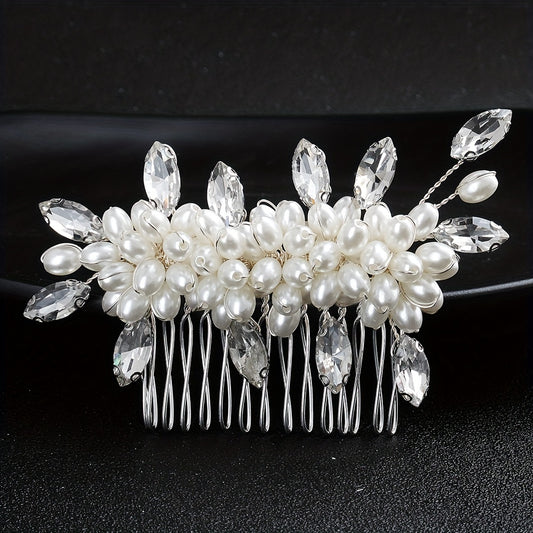 Faux Pearl Hair Comb Floral Rhinestone Alloy Hair Comb Hairpin for Girls Women