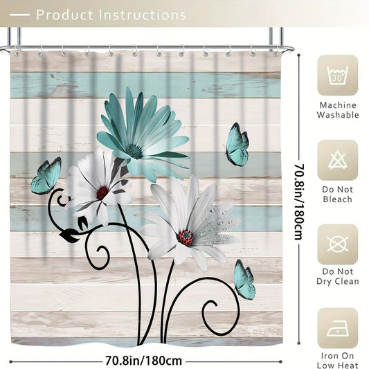 Flower Butterfly Shower Curtain Set with 12 Hooks