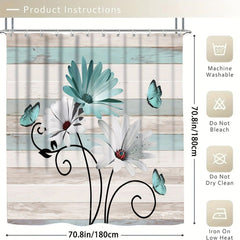 Flower Butterfly Shower Curtain Set with 12 Hooks