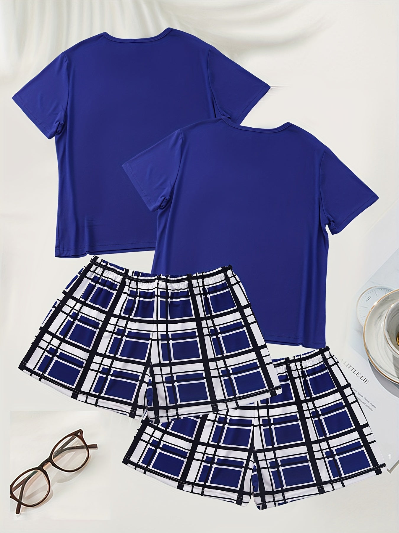 4 Pack Plus Size Casual Pajamas Set Women's Plus Letter & Plaid Print