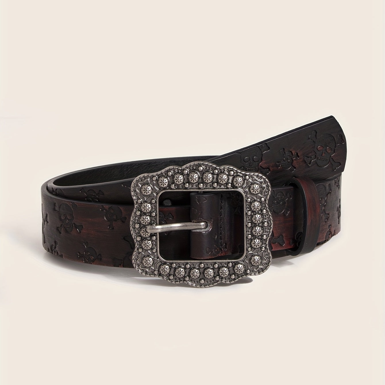 Vintage Carved Buckle Brown Belt Skull Pattern Embossed PU Leather Belt