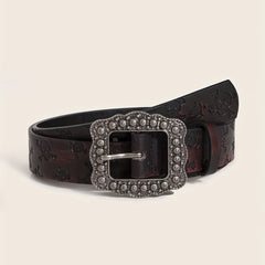 Vintage Carved Buckle Brown Belt Skull Pattern Embossed PU Leather Belt