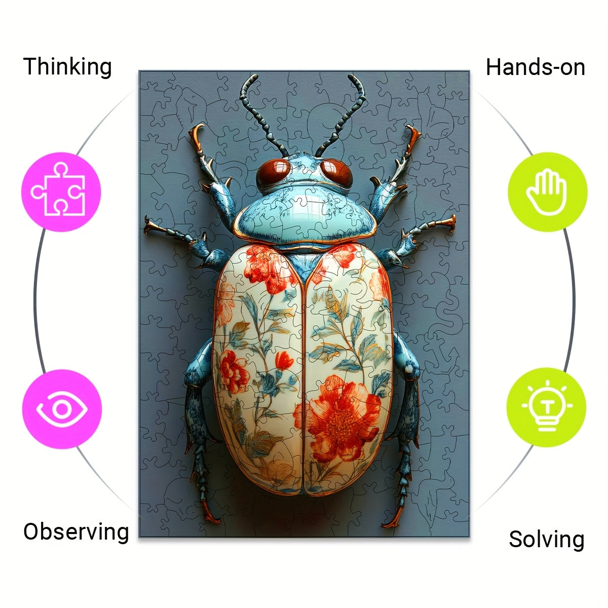 3D Puzzling Insect Puzzle Vibrant Beetle with Floral Wooden Ideal for Ages 3
