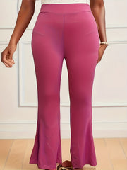  Solid Elastic High Rise Flared Leg Trousers