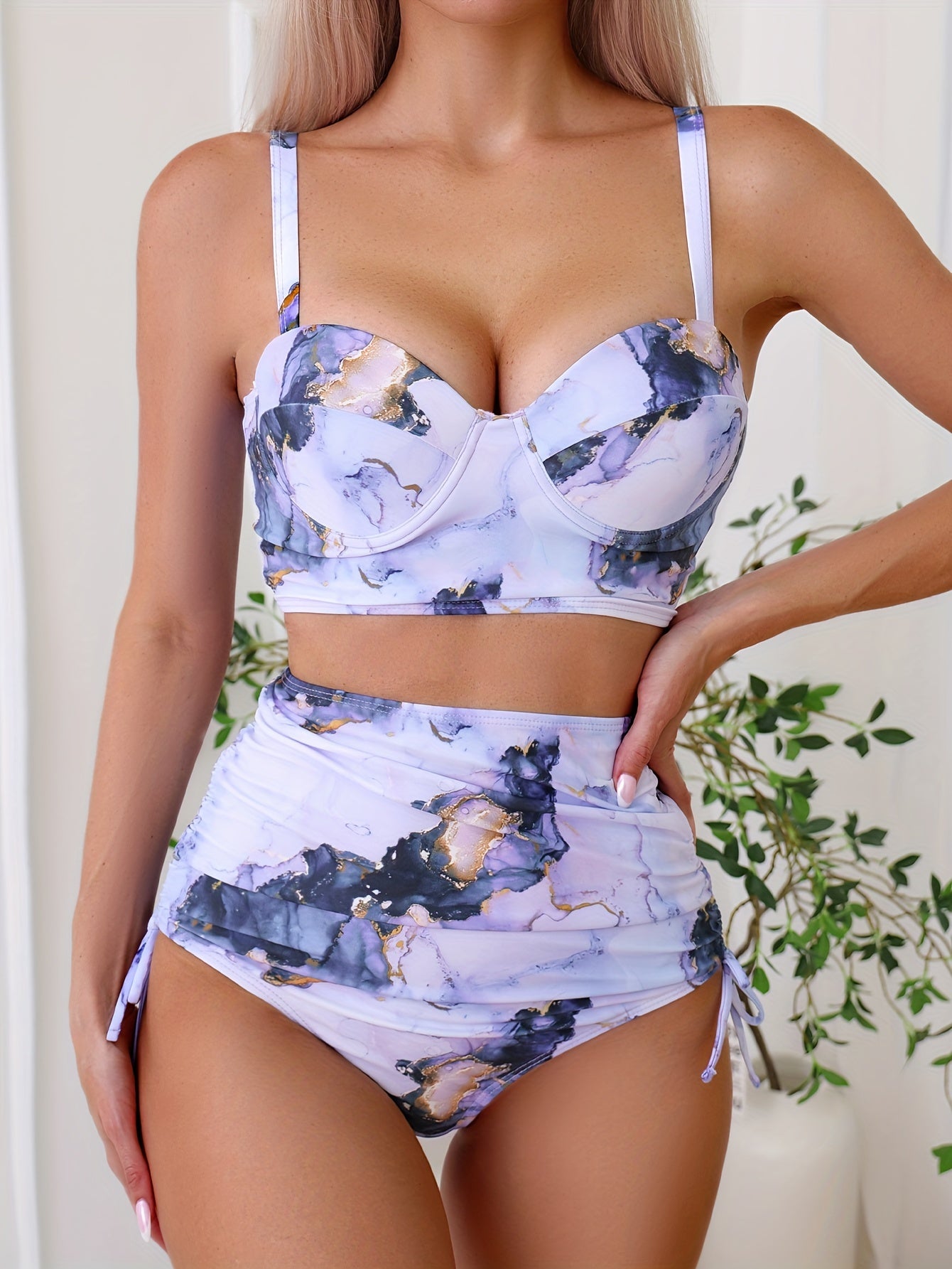 Tie Dye Push Up Bikini Set V Neck Tie Side High Cut Two Piece Swimwear