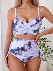 Tie Dye Push Up Bikini Set V Neck Tie Side High Cut Two Piece Swimwear
