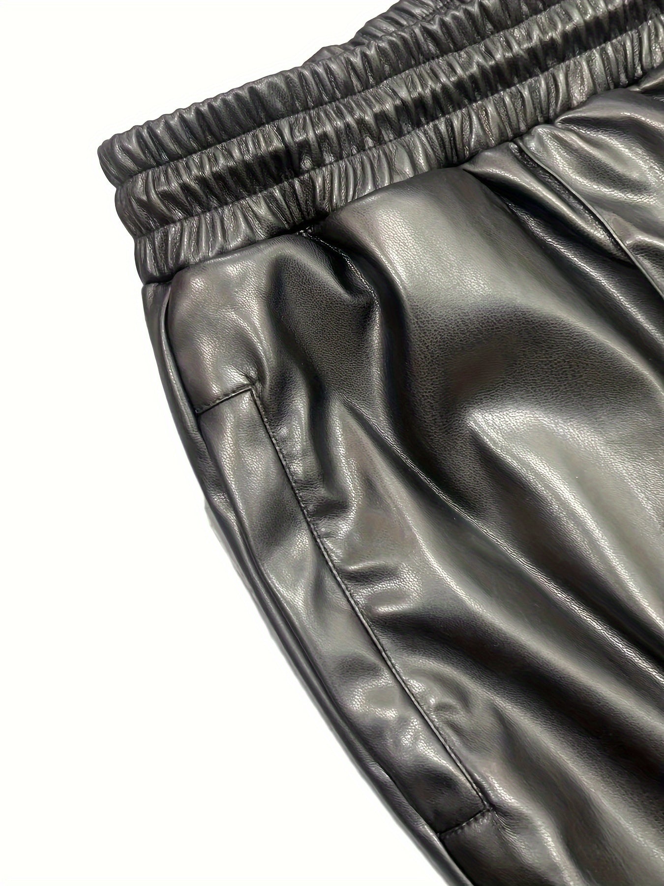  Solid Faux Leather Drawstring Trousers With Pockets