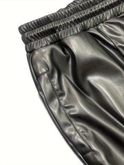  Solid Faux Leather Drawstring Trousers With Pockets