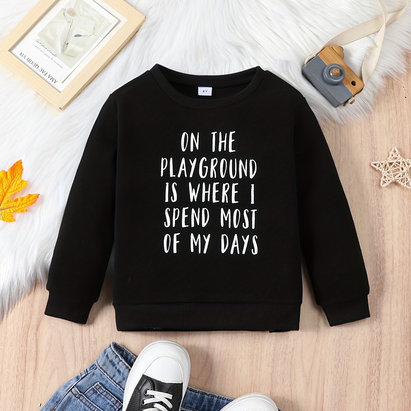 Kid's Letter Print Sweatshirt Thermal Pullover Crew Neck Top