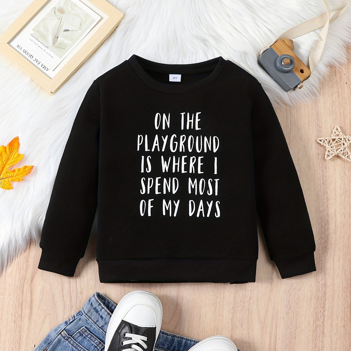 Kid's Letter Print Sweatshirt Thermal Pullover Crew Neck Top