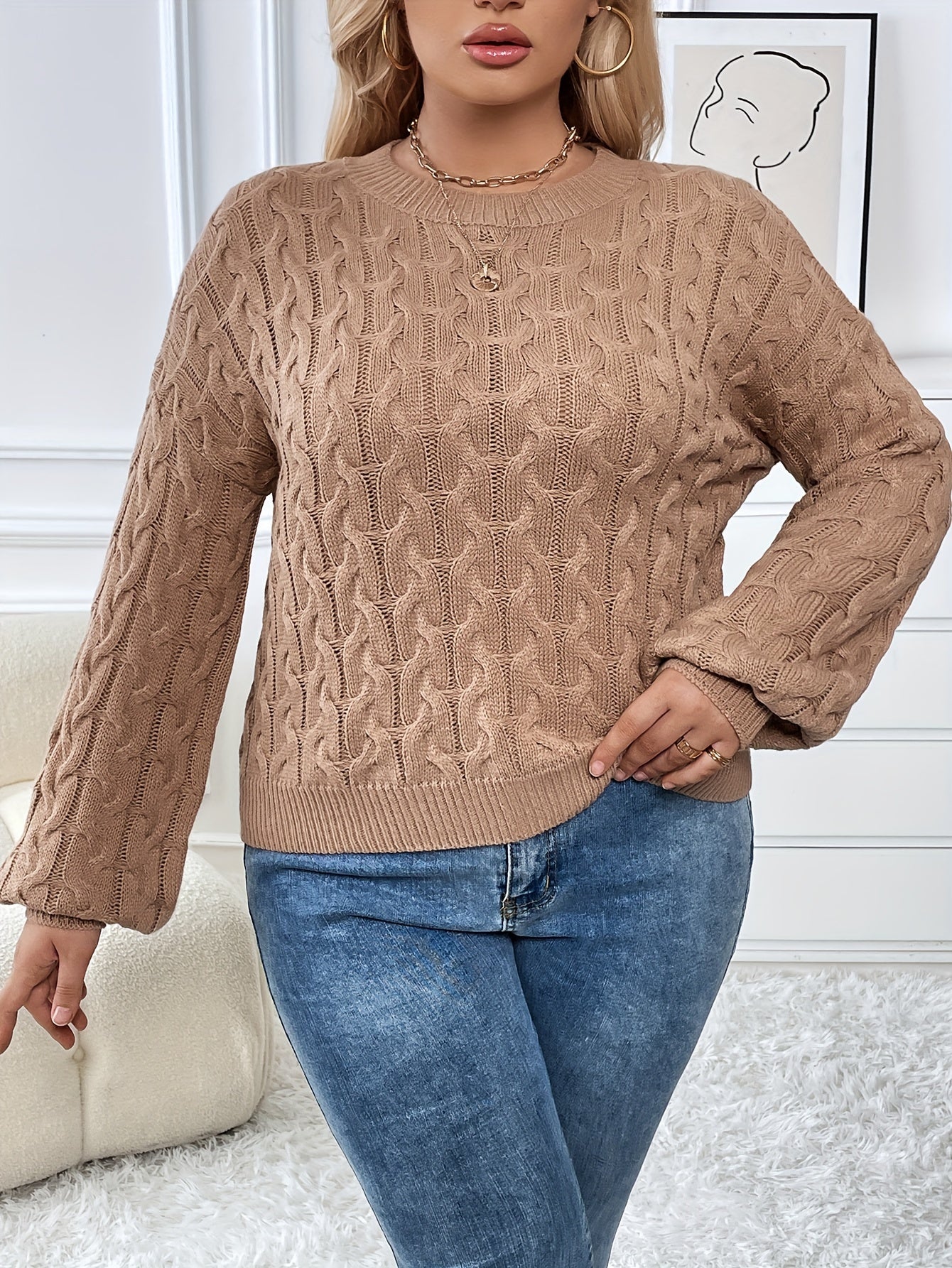  Solid Cable Lantern Sleeve Round Neck High Stretch Jumper