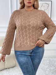  Solid Cable Lantern Sleeve Round Neck High Stretch Jumper