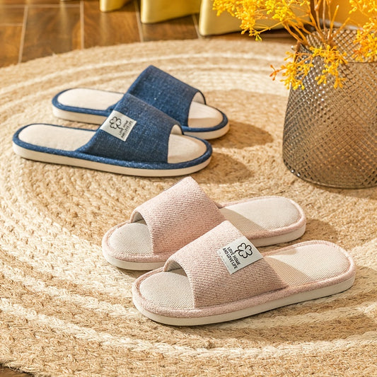 Women's Linen Slippers Open Toe Slip On Home Shoes Bedroom Flat Mute