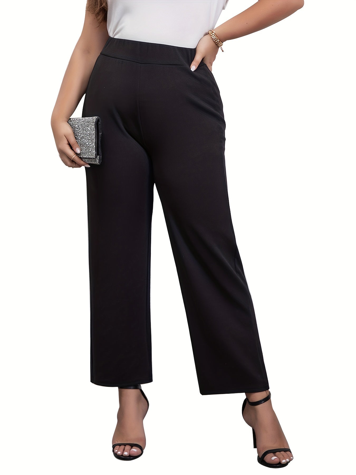  Solid Wide Leg Pants Women's Plus Wide Leg Pants