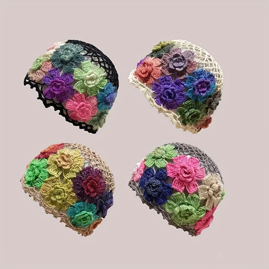 Cotton Hollow Crochet Skull Cap Knit Floral Beanie Hat