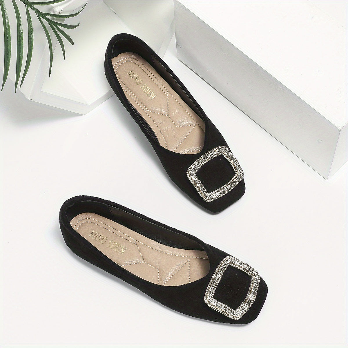 Women's Square Toe Ballet Flats with Rhinestone Buckle