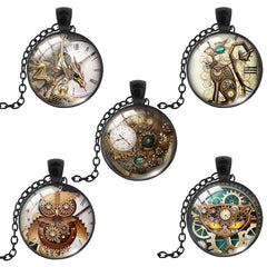 Steampunk Clock Shape Pendant Necklace Animal Pattern Goth Mech
