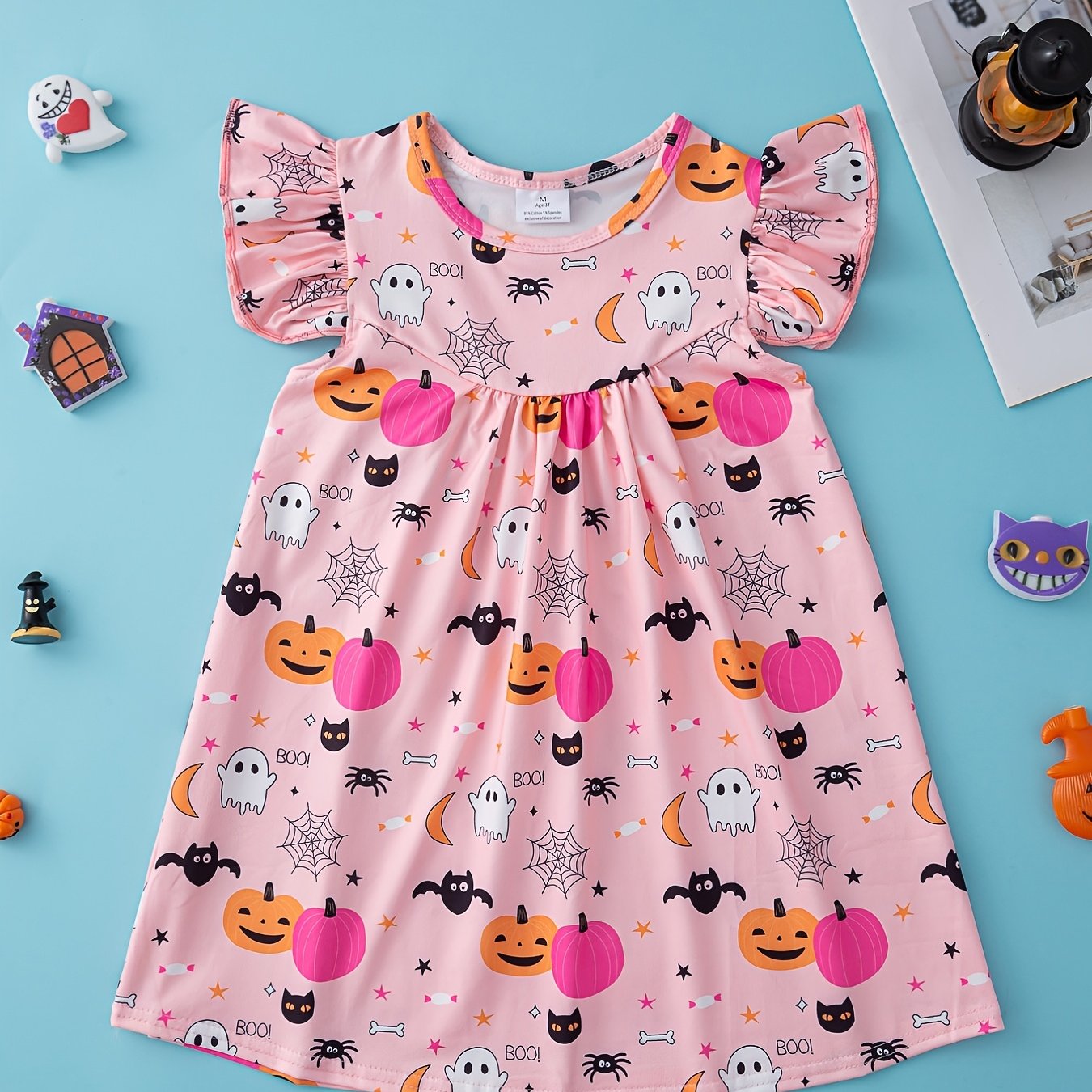 Pumpkin Halloween Dress Flying Sleeve Comfort Fit Girls Vacation Party Casual
