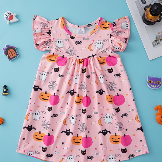 Pumpkin Halloween Dress Flying Sleeve Comfort Fit Girls Vacation Party Casual