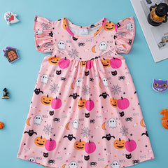 Pumpkin Halloween Dress Flying Sleeve Comfort Fit Girls Vacation Party Casual