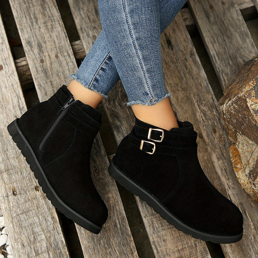 Women's Metallic Buckle Platform Boots with Side Zipper