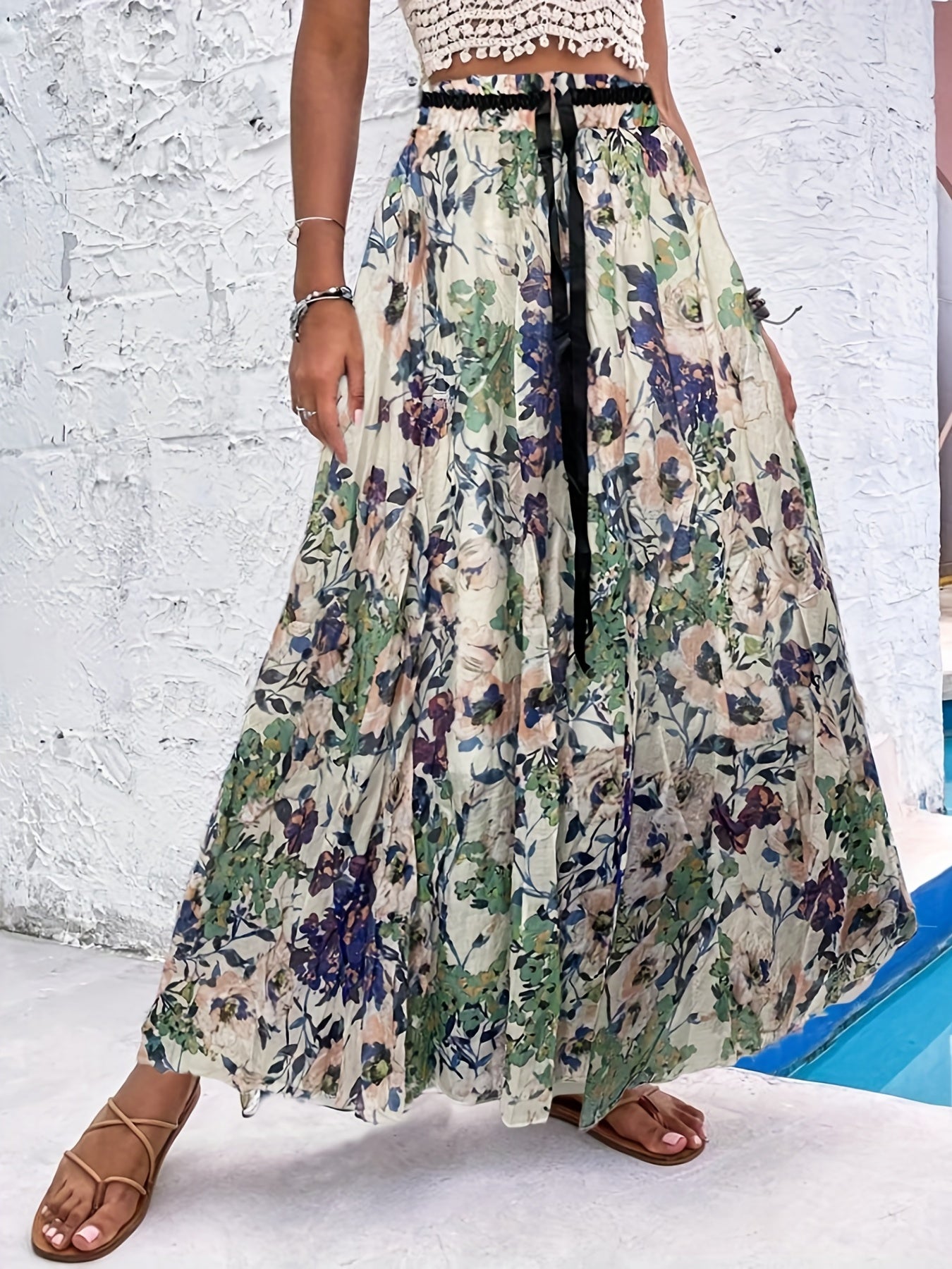 Vintage High Waist Polka Dot Pleated Maxi Skirt