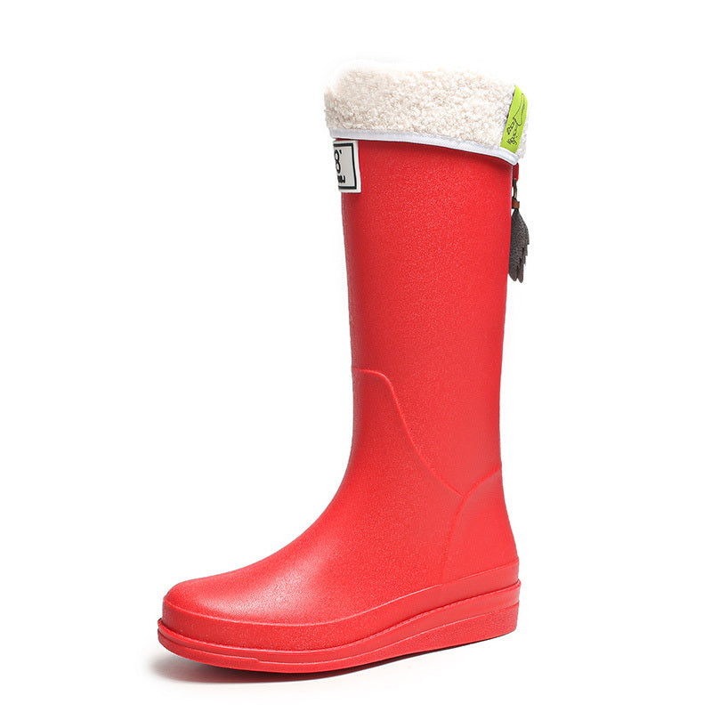 Red Fleece Liner Rain Boots Waterproof Slip on High Boots