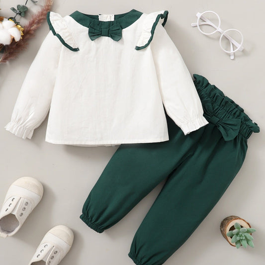 2pcs Girls Ruffled Top & Trousers Set