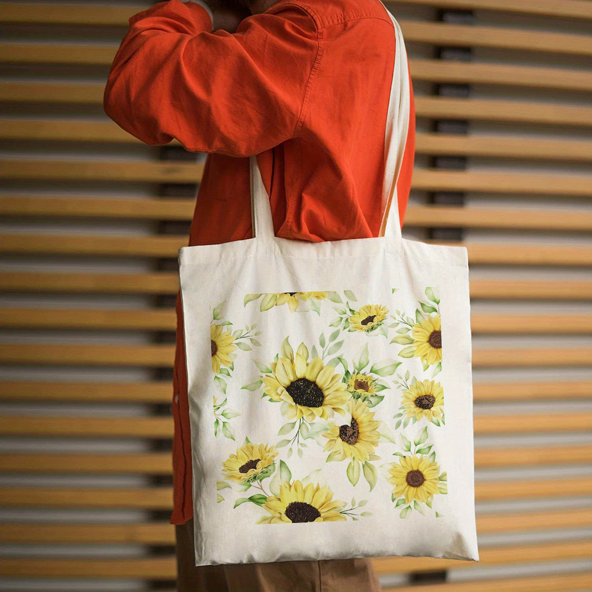 Sunflower Print Canvas Shoulder Bag Lightweight Shopping Bag