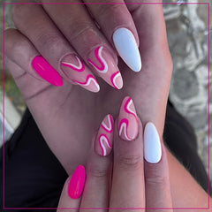 Hot Pink Press On Nails Medium Almond Stripe Reusable False Nails